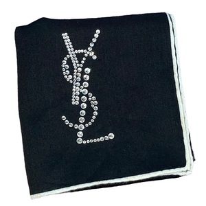 AUTH VTG YSL Yves Saint Laurent Black Cotton Rhinestone Logo Handkerchief Scarf